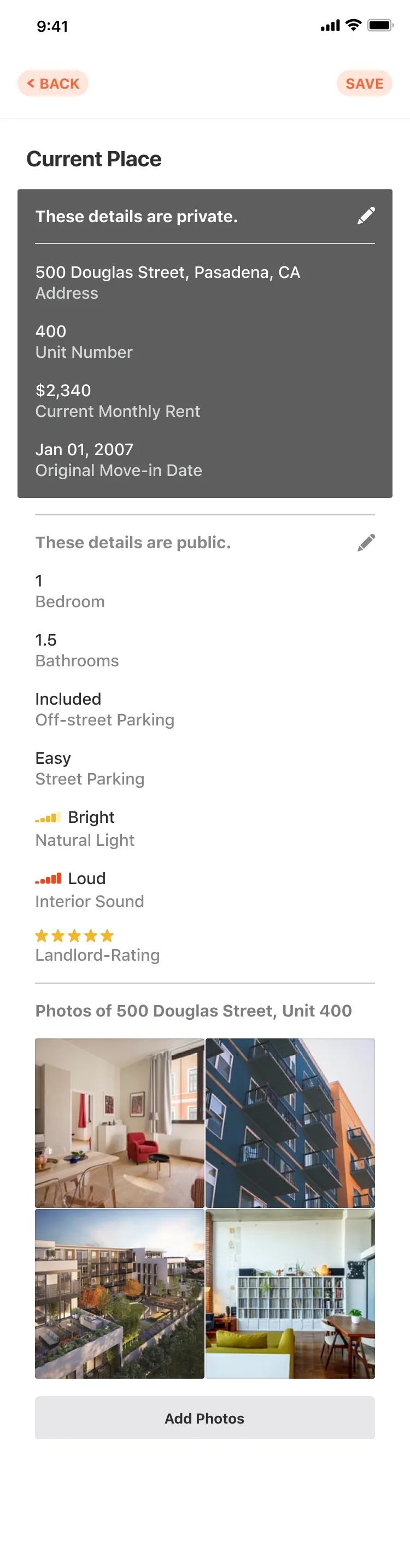 PocketList's 'Current Place' screen, splitting a home's details into private (address, unit, rent) and public (bedrooms, parking, natural light, interior sound)