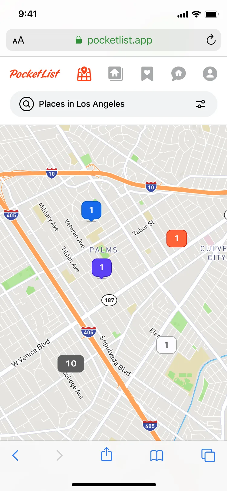 PocketList's map view of Los Angeles, with pocket listings clustered across Palms and Culver City